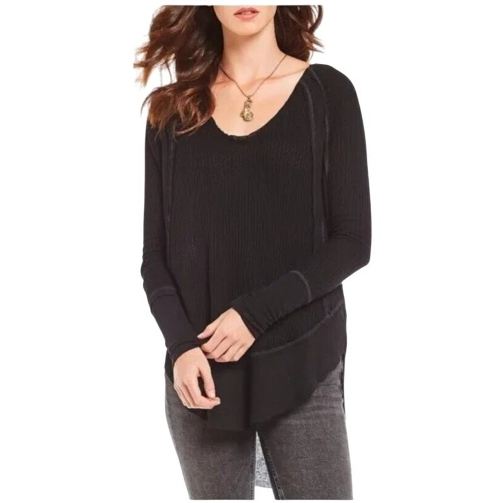 We the Free Women Black Catalina V-Neck Long Sleeves Oversized Thermal Top Sz XS